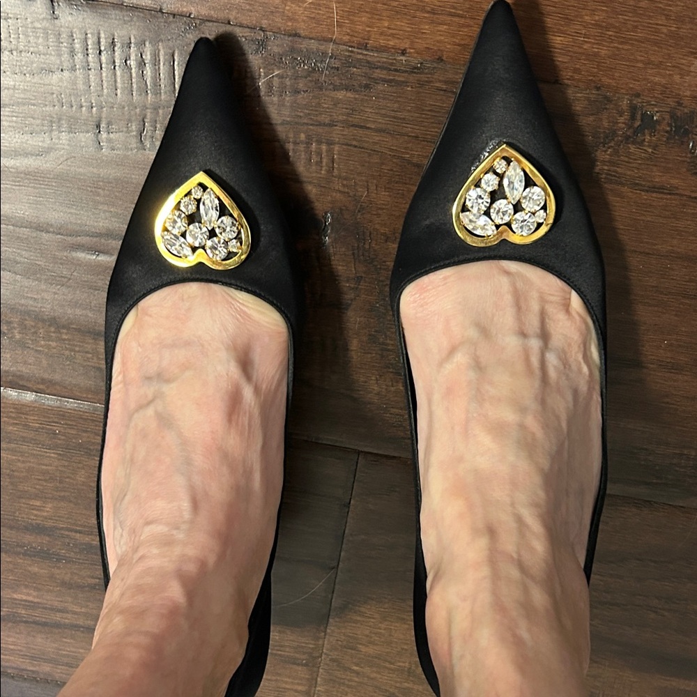 Elegant Black Satin Heels with Gold Heart Detail made in Italy